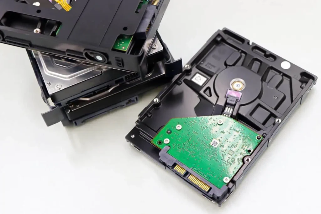 Stack of disassembled hard drives showing internal electronic components