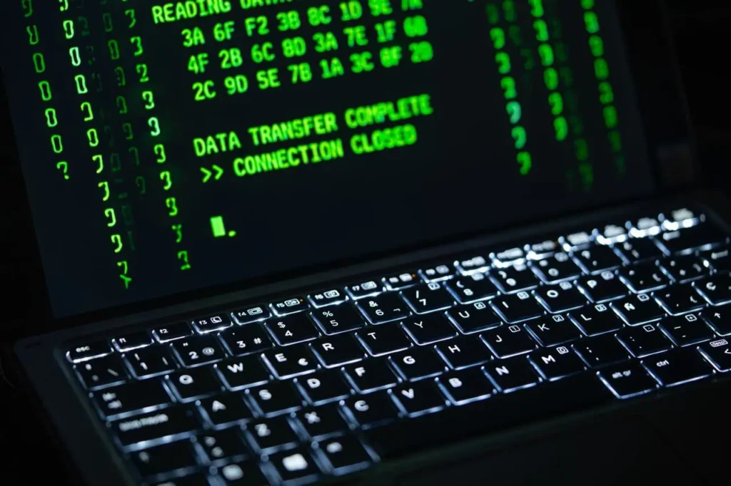 Laptop screen displaying secure digital data transfer and connection status